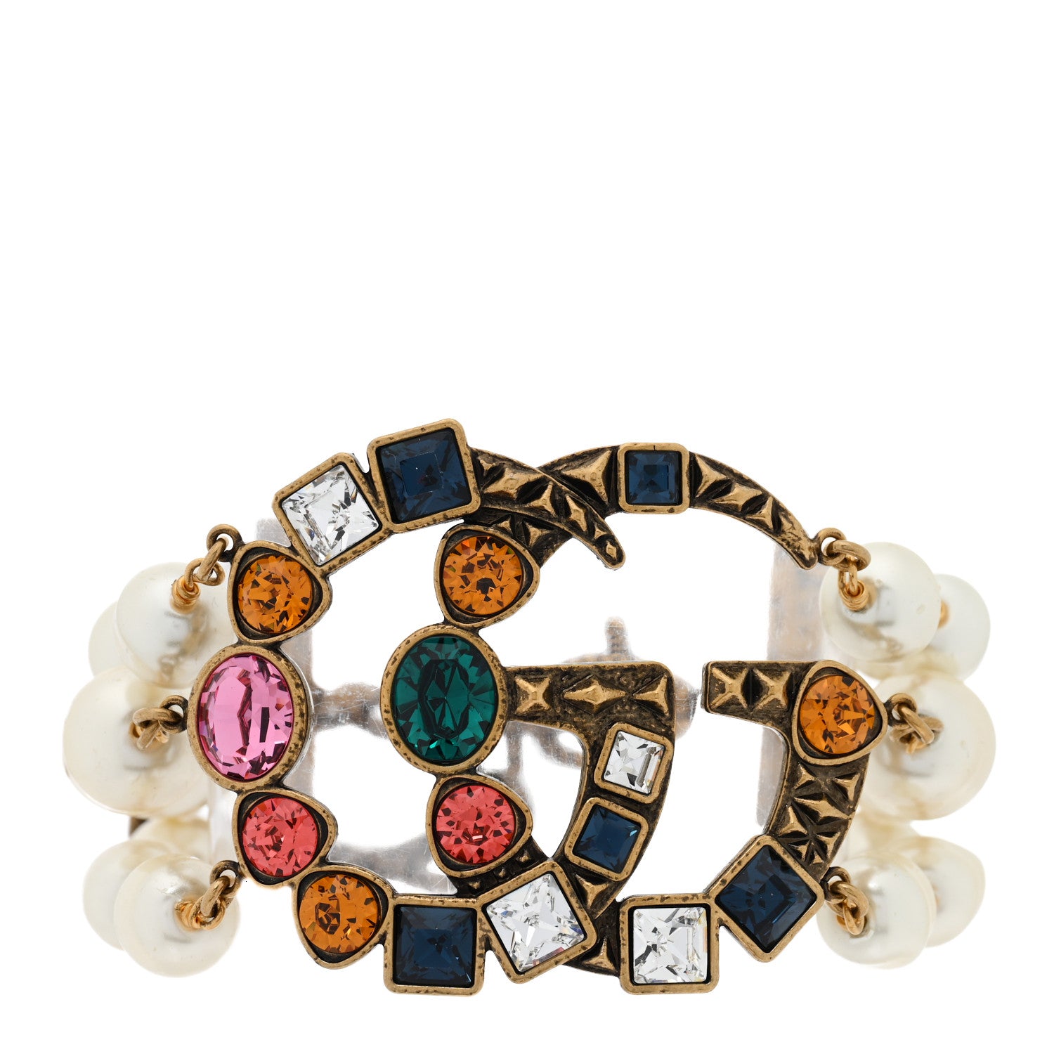 Gucci Metal Crystal Pearl Double G Bracelet Aged Gold Multicolor 1 of 4
