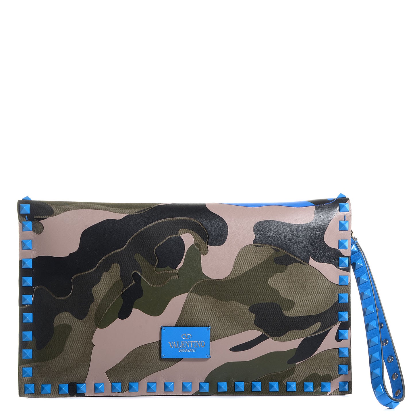 Nappa Canvas Camouflage Rockstud Wristlet Clutch Green Blue Fluo