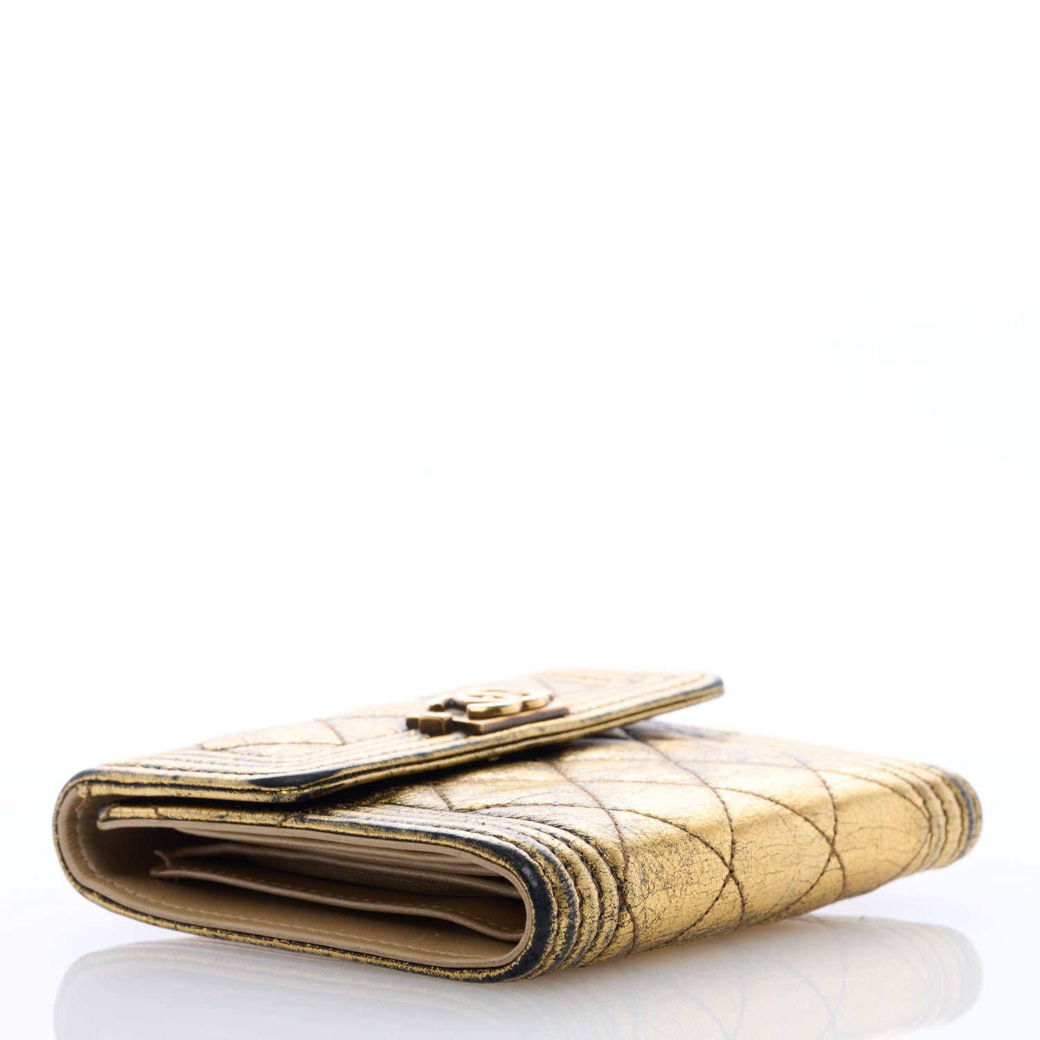Chanel Cracked Metallic Calfskin Quilted Compact Boy Wallet Gold 4 of 7