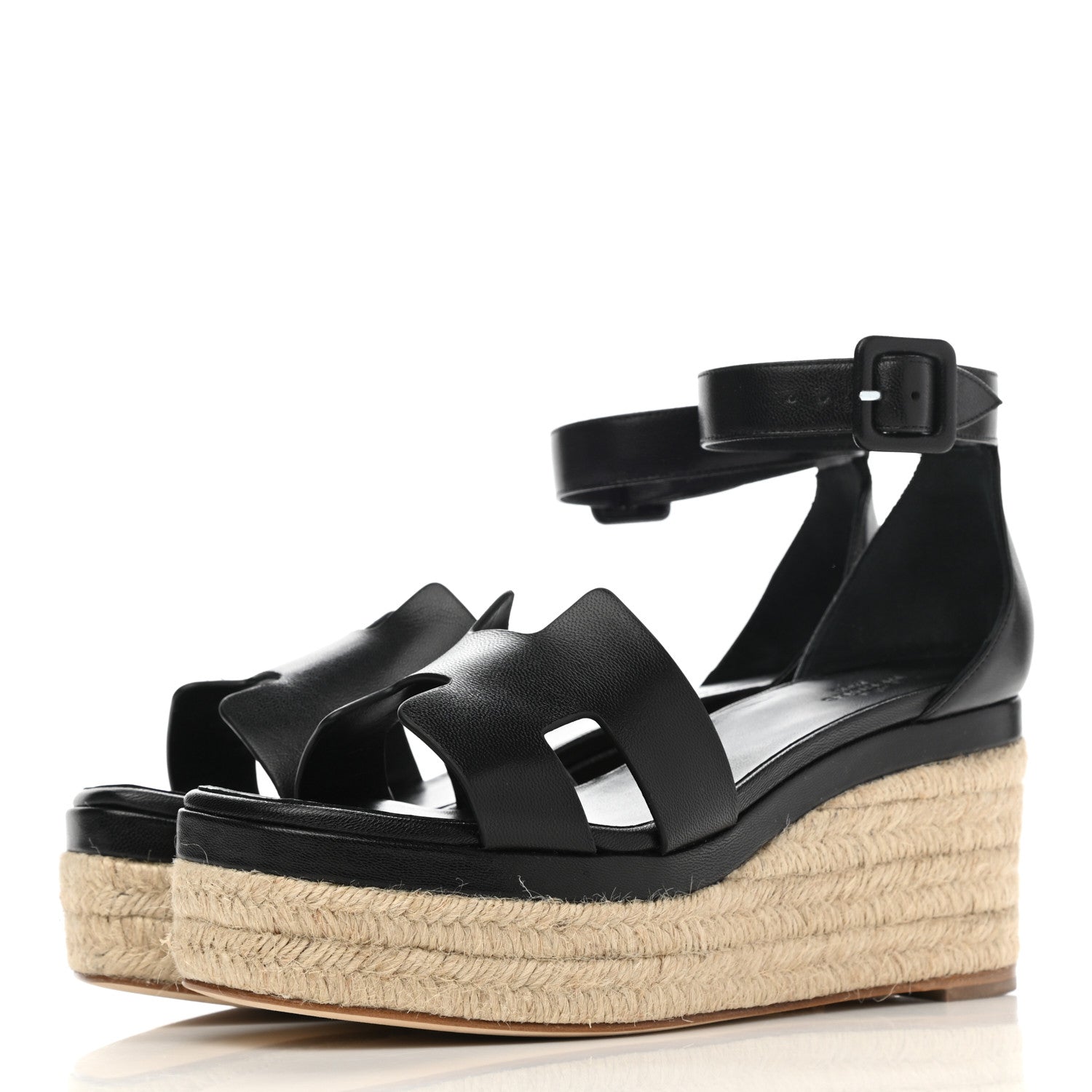 Hermes Goatskin Elda Espadrille Wedge Sandals 38 Black 3 of 9