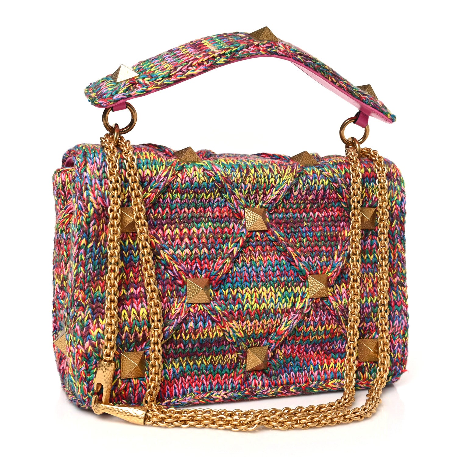 Valentino Garavani Wool Woven Large Roman Stud Shoulder Bag Multicolor Feminine Pink 3 of 8