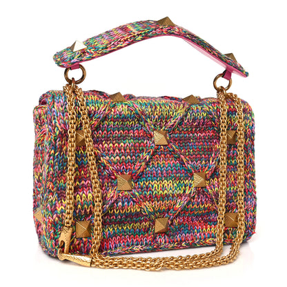 Valentino Garavani Wool Woven Large Roman Stud Shoulder Bag Multicolor Feminine Pink 3 of 8