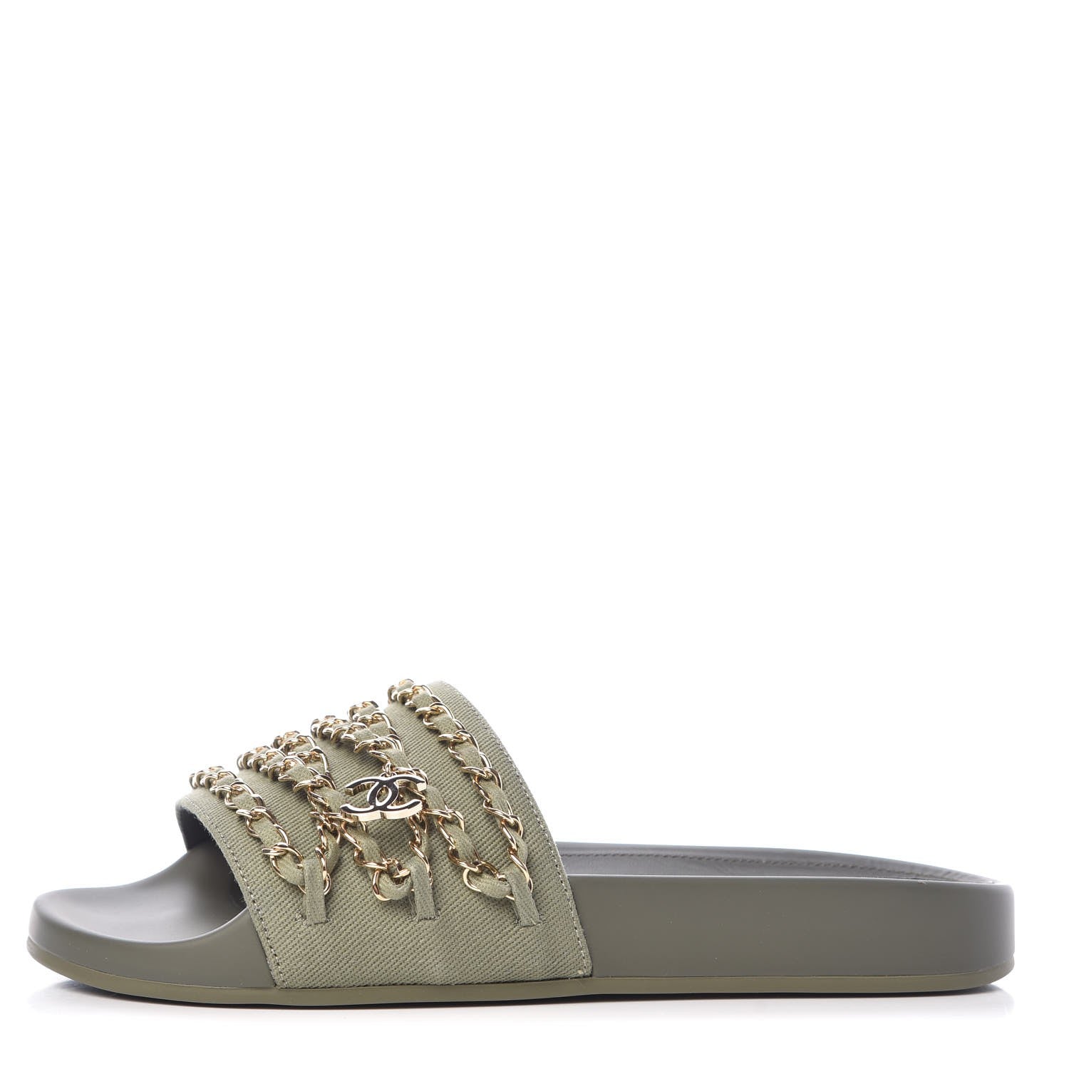 Chanel Canvas Chain Flat Sandals 37 Khaki 1 of 9