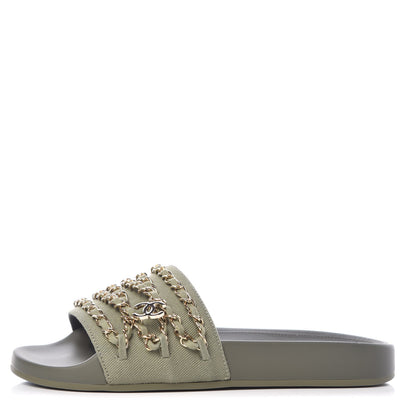 Chanel Canvas Chain Flat Sandals 37 Khaki 1 of 9