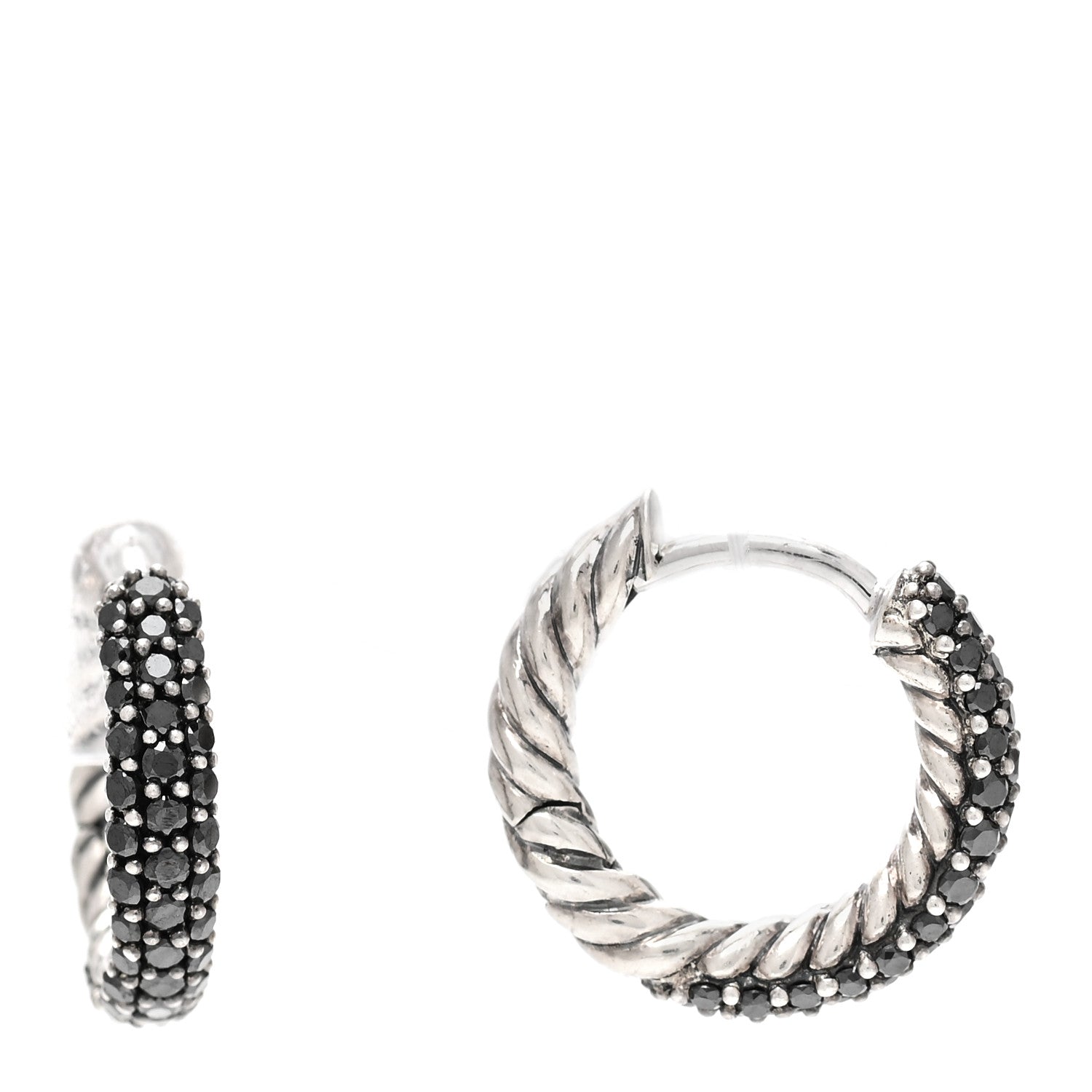 David Yurman Sterling Silver Black Diamond Petite Pave Huggie Hoop Earrings 1 of 6