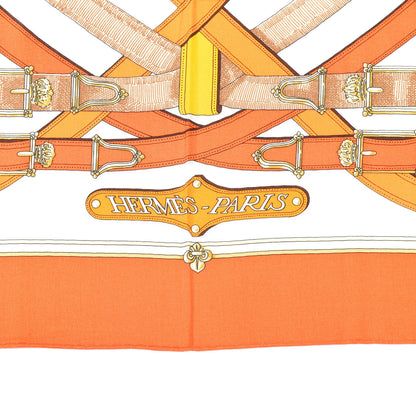 Hermes Cashmere Silk Cavalcadour Shawl 140 Orange White Brun 3 of 6