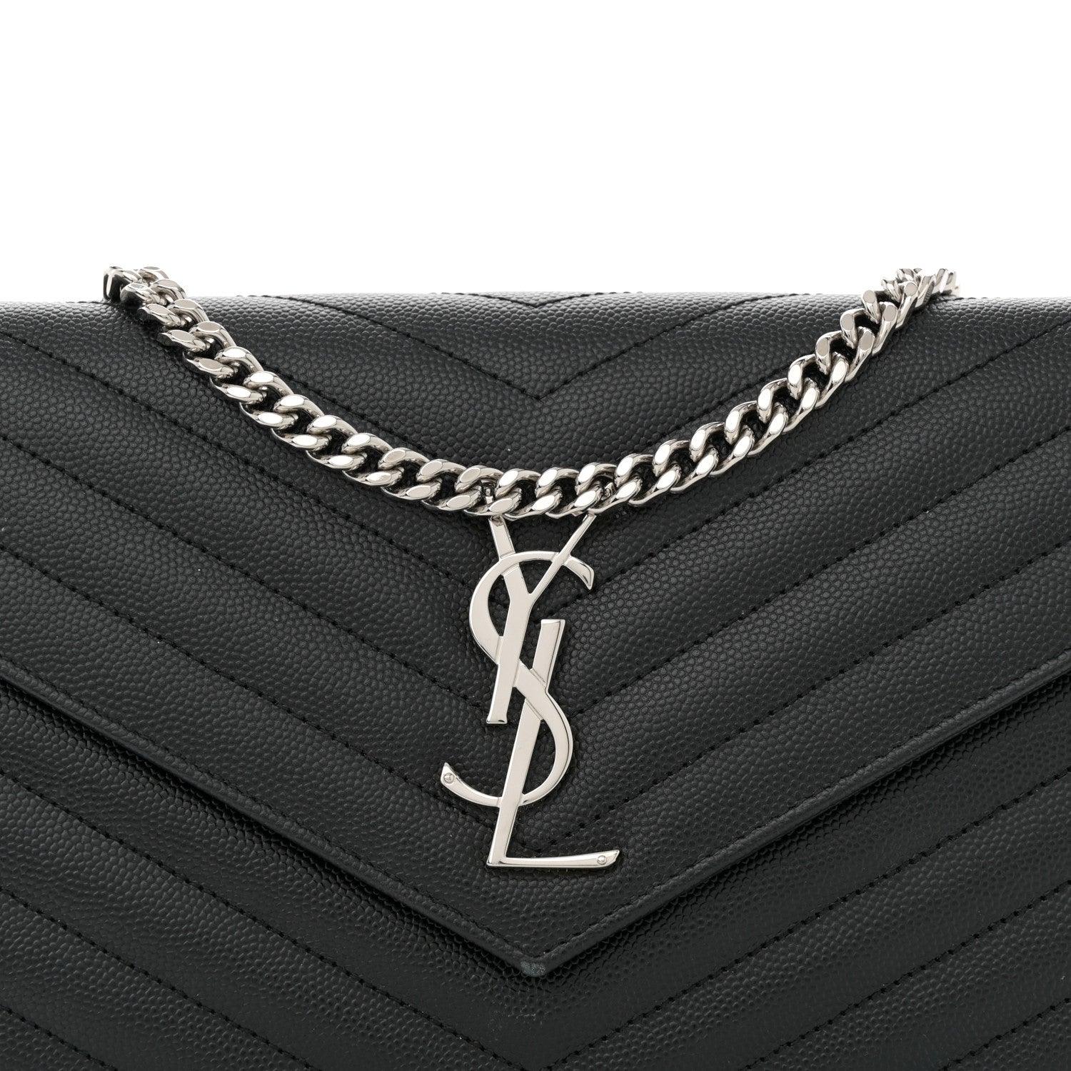 Saint Laurent Grain De Poudre Matelasse Chevron Monogram Chain Wallet Black 8 of 13