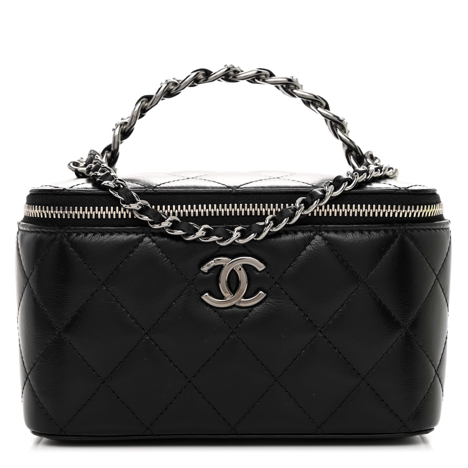 Chanel Shiny Crumpled Calfskin Crystal Quilted Precious Handle Vanity Case With Chain Black 1 of 11