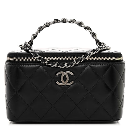 Chanel Shiny Crumpled Calfskin Crystal Quilted Precious Handle Vanity Case With Chain Black 1 of 11