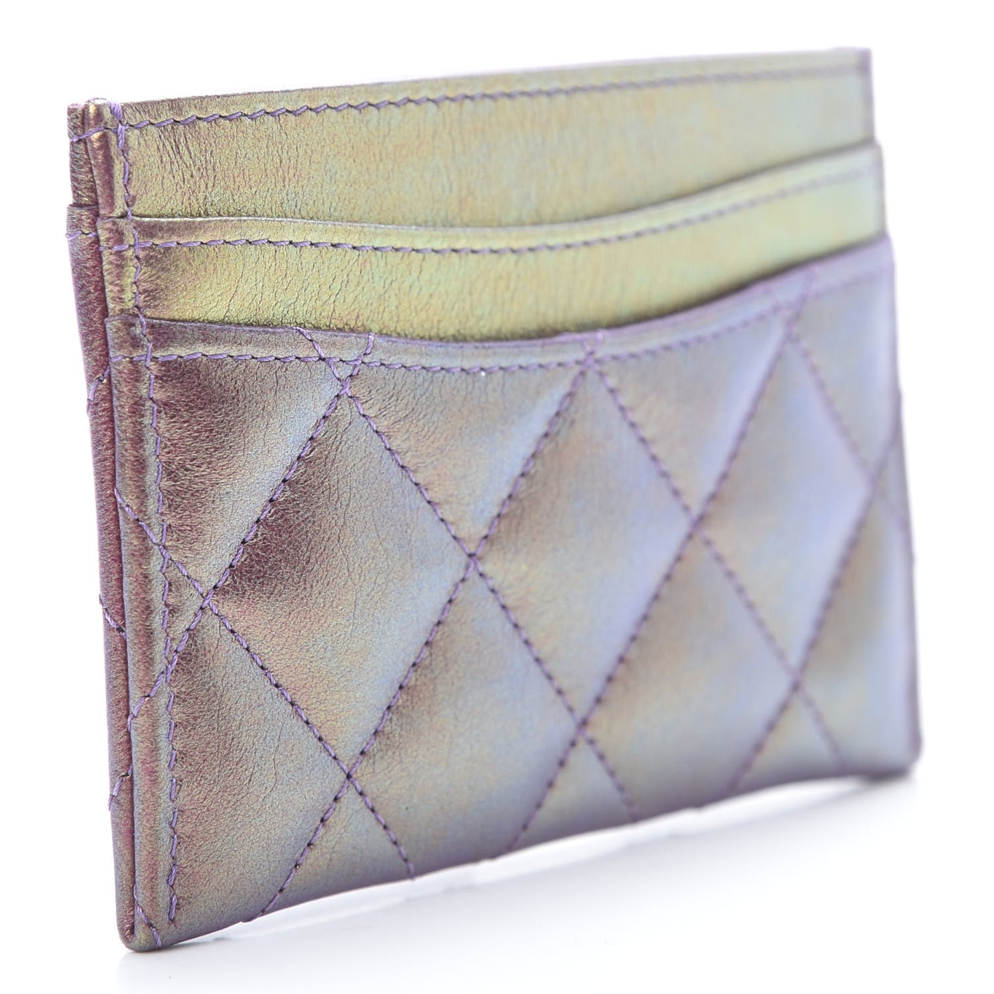 Iridescent Lambskin Quilted Card Holder Purple
