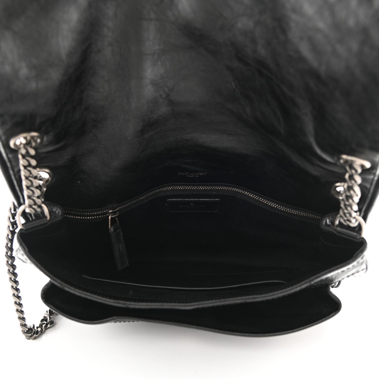 Crinkled Calfskin Matelasse Monogram Large Niki Chain Satchel Black