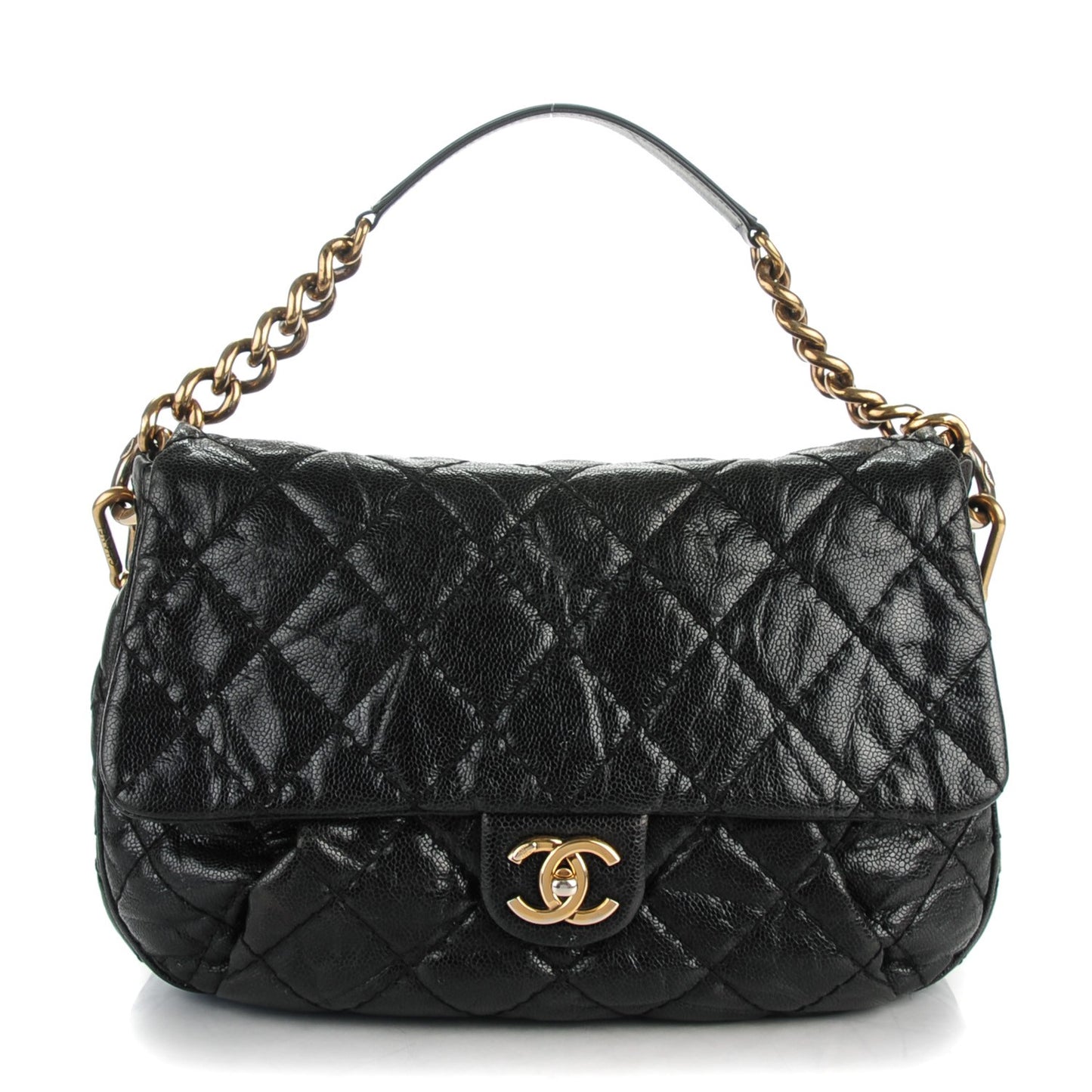 Crumpled Grained Calfskin Medium Coco Pleats Messenger Flap Black