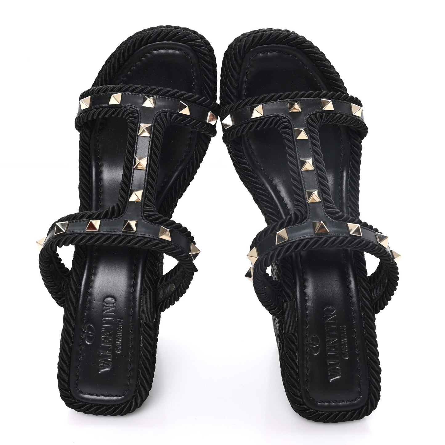 Calfskin Rockstud Torchon Espadrille Caged 25/90mm Wedge Sandals 38 Black