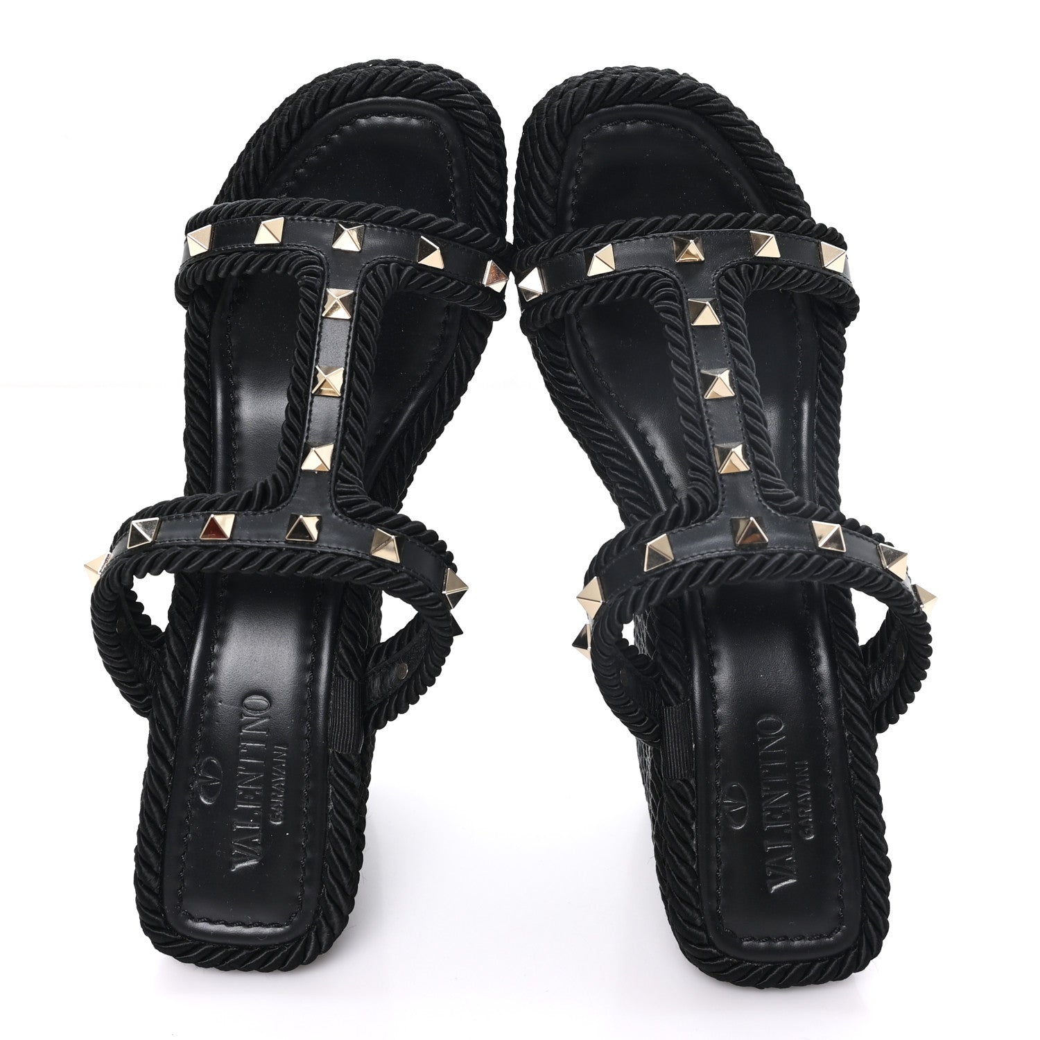 Valentino Garavani Calfskin Rockstud Torchon Espadrille Caged 25/90mm Wedge Sandals 38 Black 2 of 9