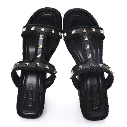 Valentino Garavani Calfskin Rockstud Torchon Espadrille Caged 25/90mm Wedge Sandals 38 Black 2 of 9