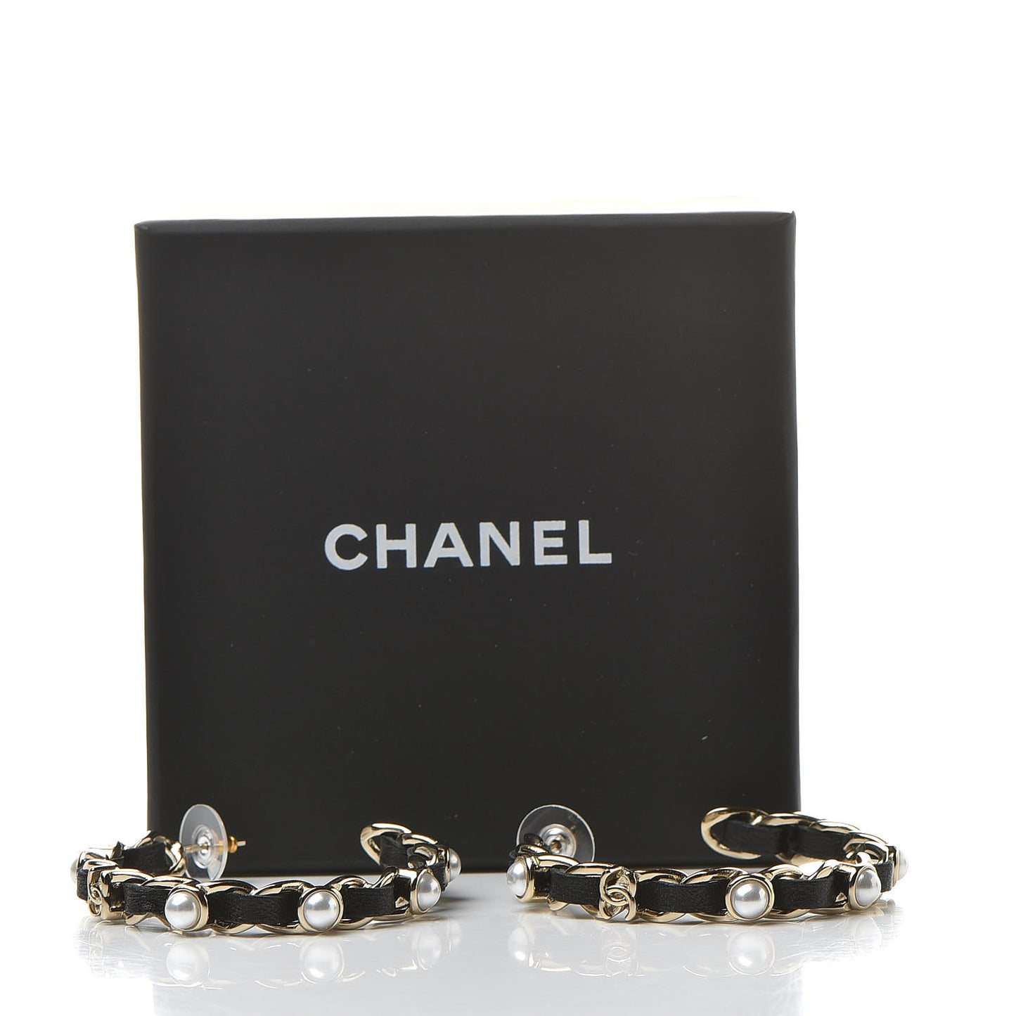 Lambskin Pearl CC Chain Hoop Earrings Gold Black