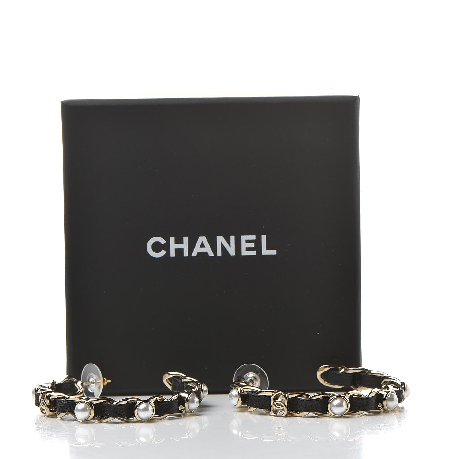 Chanel Lambskin Pearl CC Chain Hoop Earrings Gold Black 5 of 5