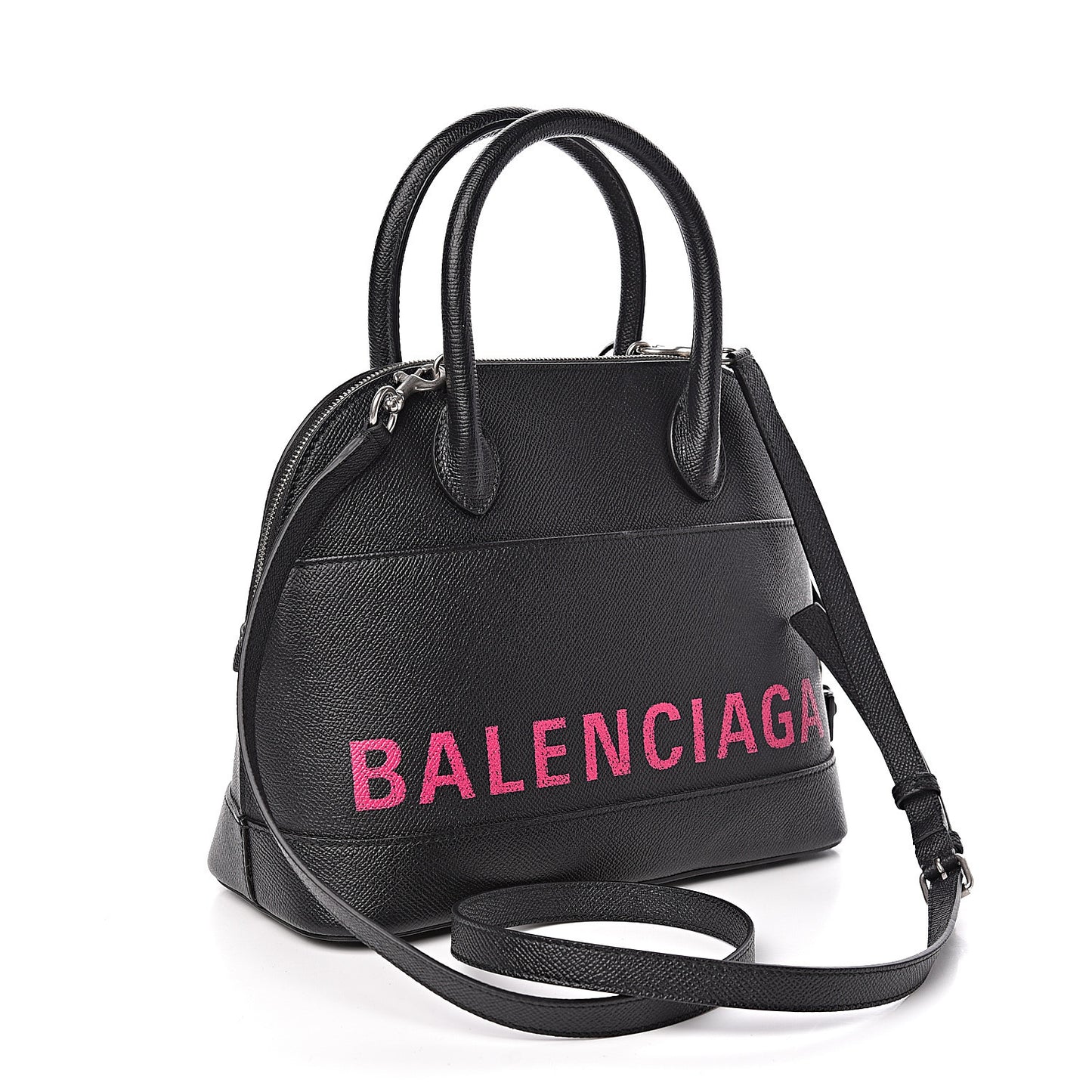 Signature Grained Calfskin Logo S Ville Top Handle Bag Black Rose Shocking