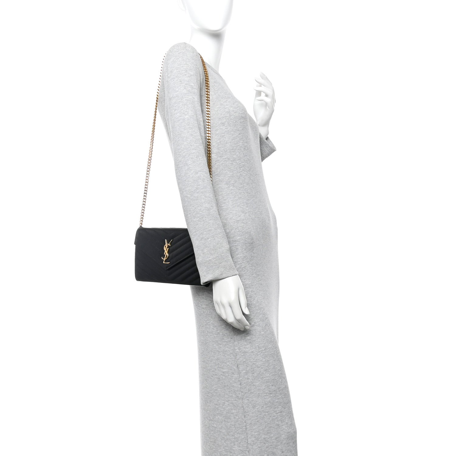 Saint Laurent Grain De Poudre Matelasse Chevron Monogram Chain Wallet Black 4 of 34