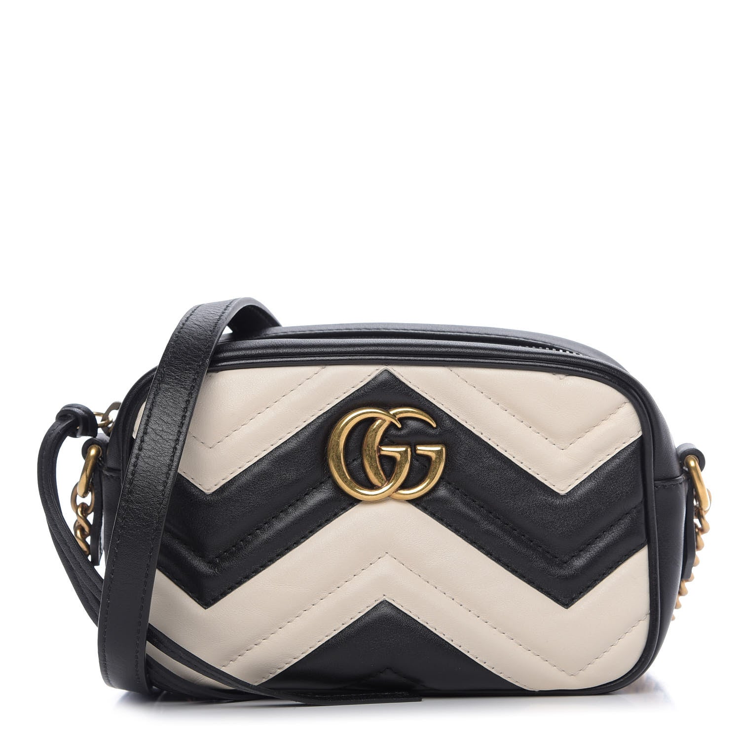Gucci Calfskin Matelasse Mini GG Marmont Chain Shoulder Bag Black White 1 of 9