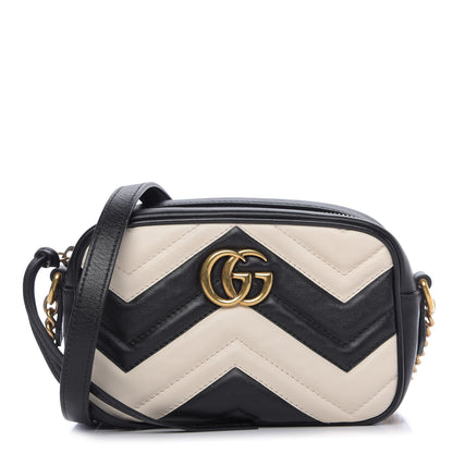 Gucci Calfskin Matelasse Mini GG Marmont Chain Shoulder Bag Black White 1 of 9