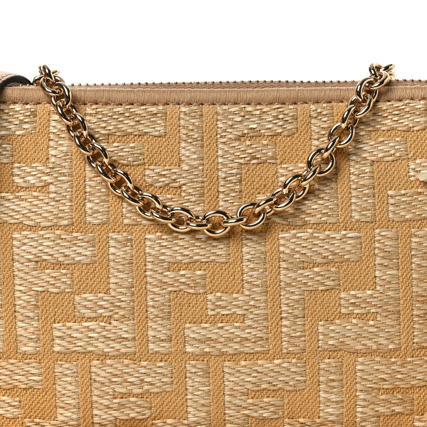 Fendi Raffia Fringe FF Embroidered Baguette Pouch Natural Dark Honey 8 of 11
