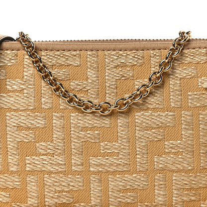 Fendi Raffia Fringe FF Embroidered Baguette Pouch Natural Dark Honey 8 of 11