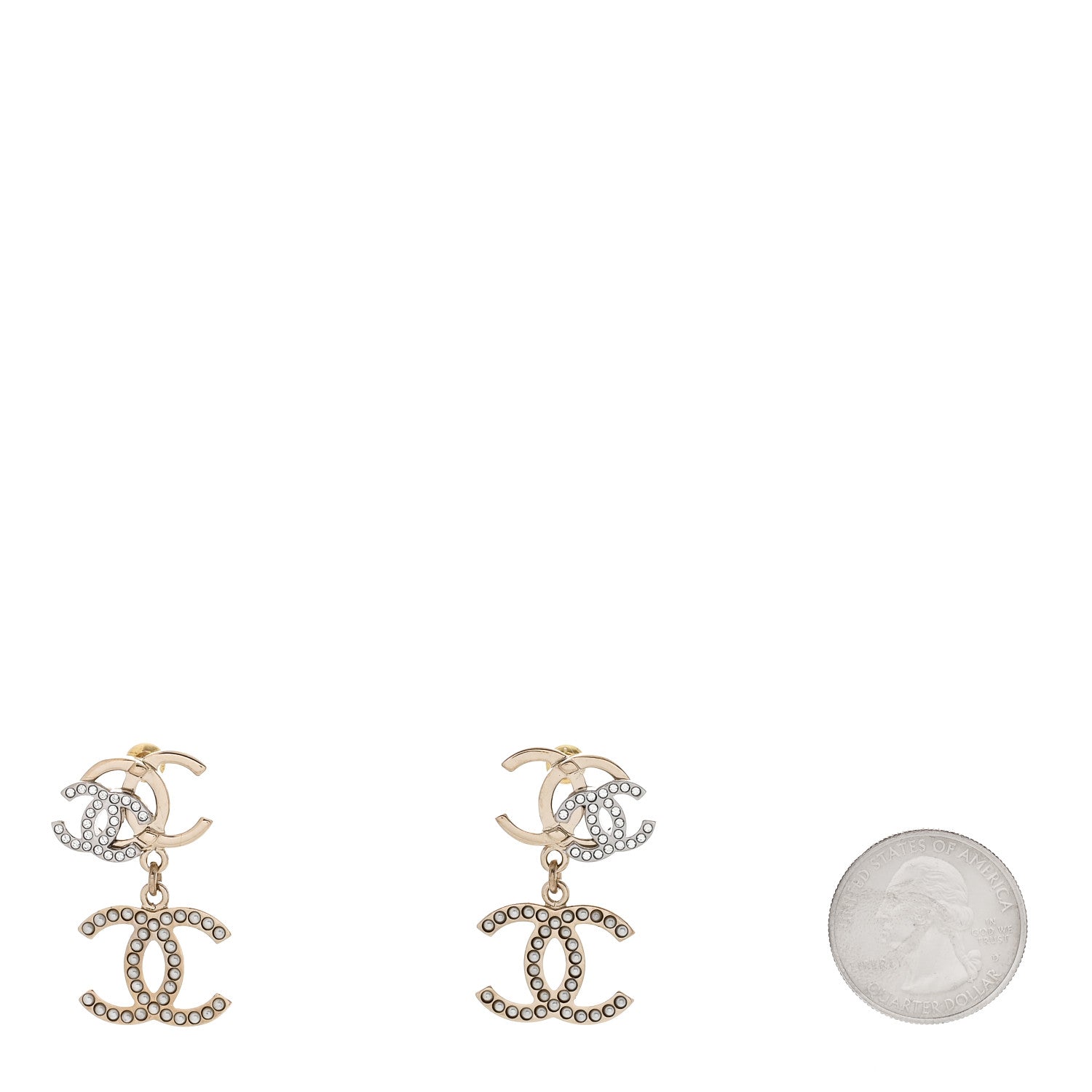Chanel Crystal Pearl Double CC Drop Earrings Gold Silver 2 of 5