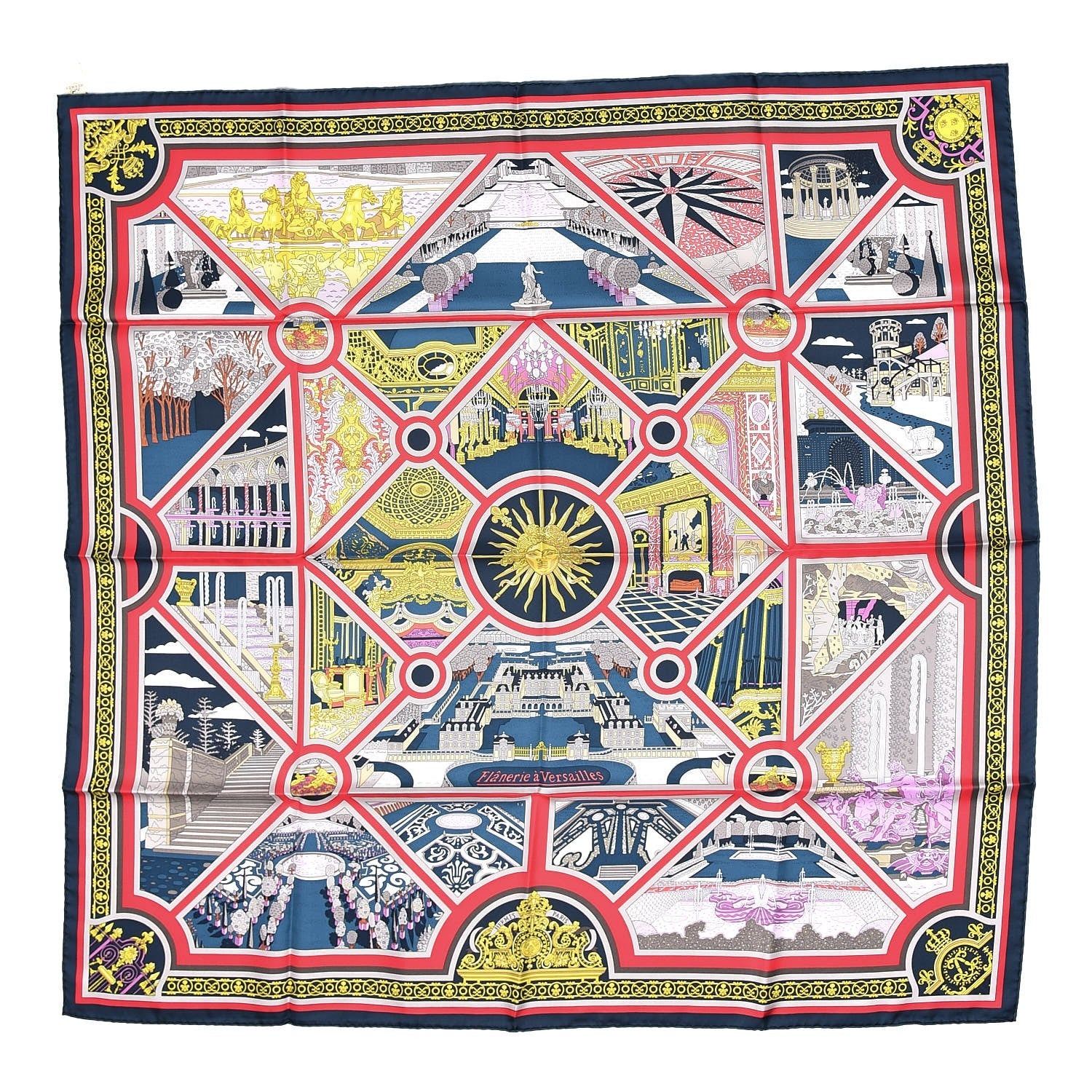 Hermes Silk Flanerie A Versailles Scarf 90 Ardoise Rouge Jaune 1 of 8