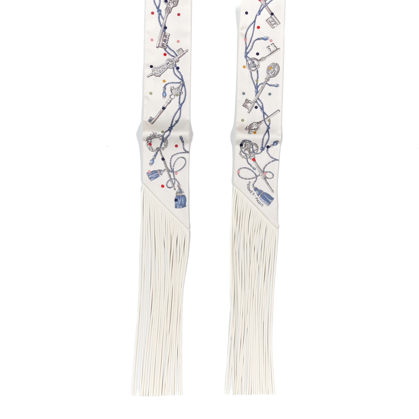 Silk Calfskin Les Cles A Pois Fringed Twilly Creme Gris Perle Multicolor Creme