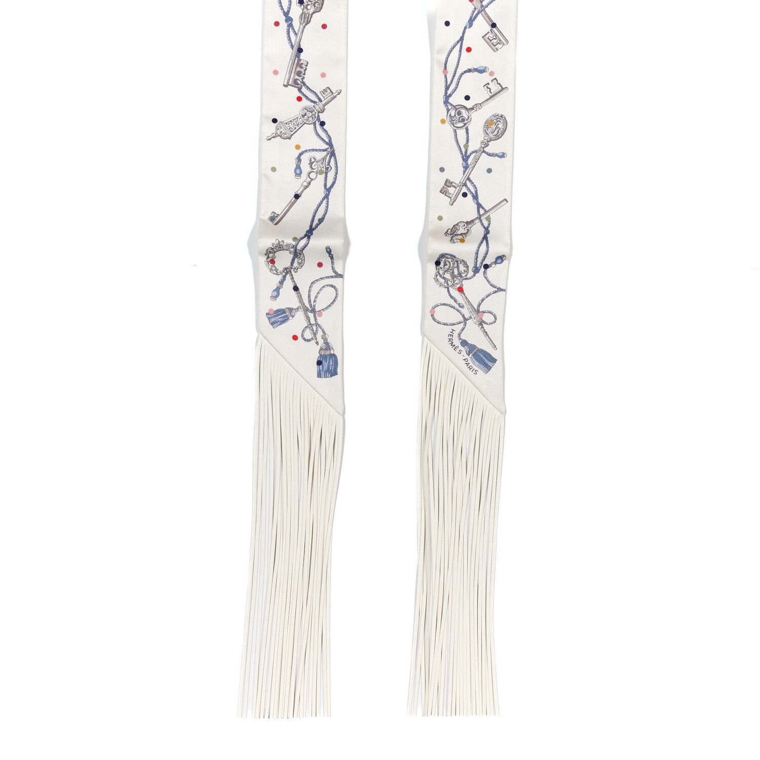 Hermes Silk Calfskin Les Cles A Pois Fringed Twilly Creme Gris Perle Multicolor Creme 2 of 4