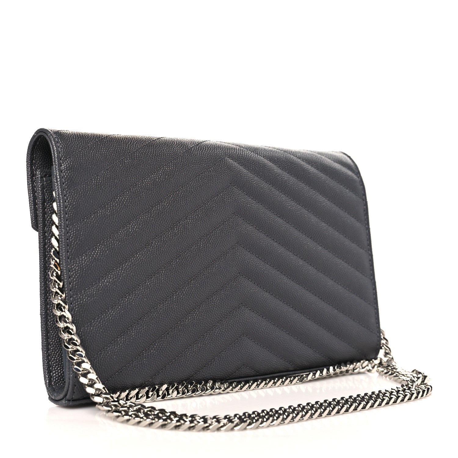 Saint Laurent Grain De Poudre Matelasse Chevron Monogram Chain Wallet Storm 3 of 10