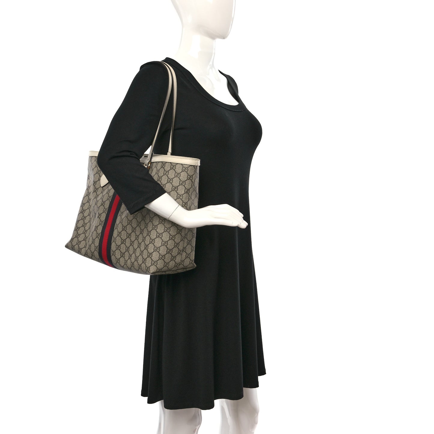 GG Supreme Monogram Textured Dollar Calfskin Web Medium Ophidia Shopping Tote Beige Ebony Mystic White