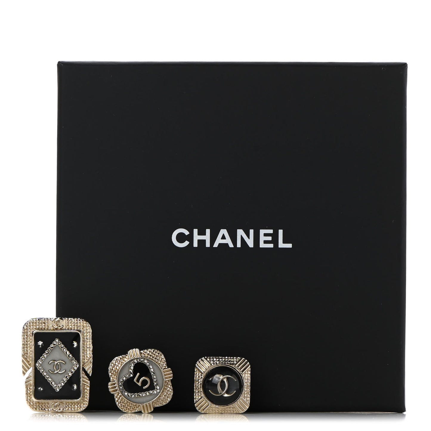 Resin Crystal Quilted CC Brooch Set Gold Black