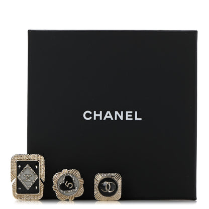 Chanel Resin Crystal Quilted CC Brooch Set Gold Black 6 of 6