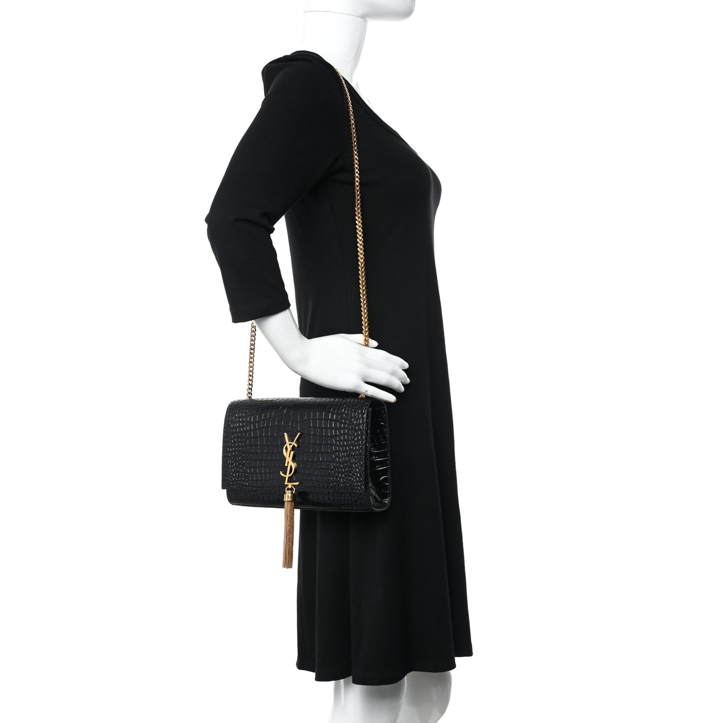 Calfskin Crocodile Embossed Medium Classic Monogram Kate Tassel Satchel Black