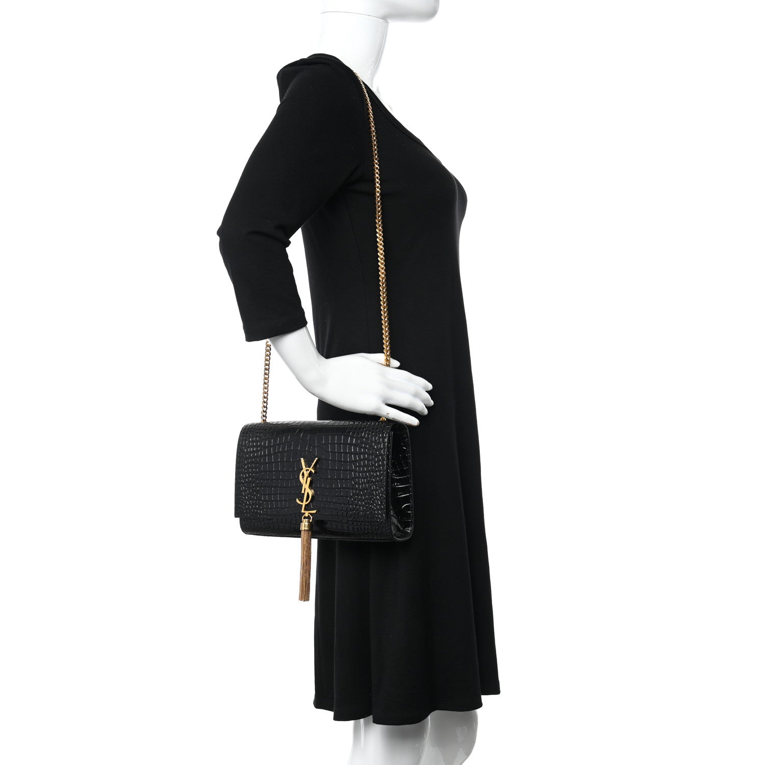 Saint Laurent Calfskin Crocodile Embossed Medium Classic Monogram Kate Tassel Satchel Black 2 of 10