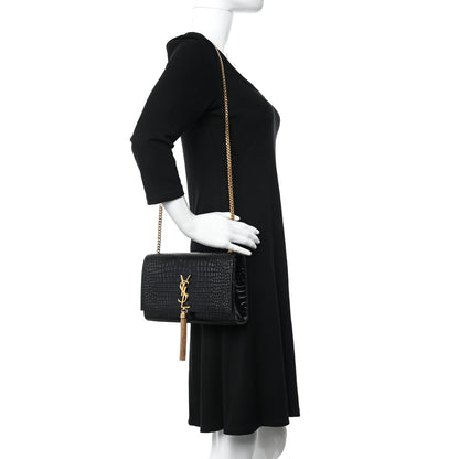 Saint Laurent Calfskin Crocodile Embossed Medium Classic Monogram Kate Tassel Satchel Black 2 of 10