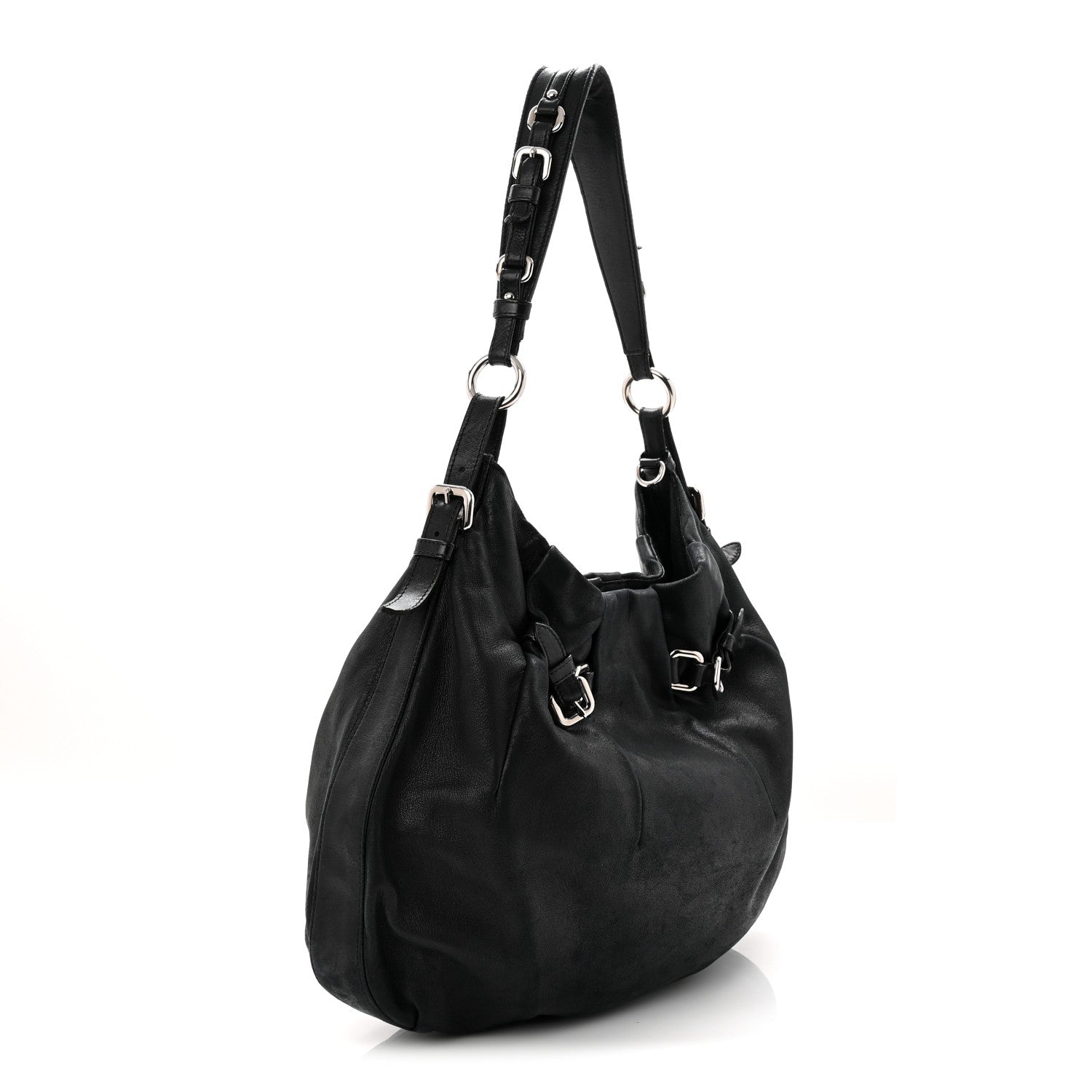 Prada Soft Calf Pleated Hobo Black 3 of 10