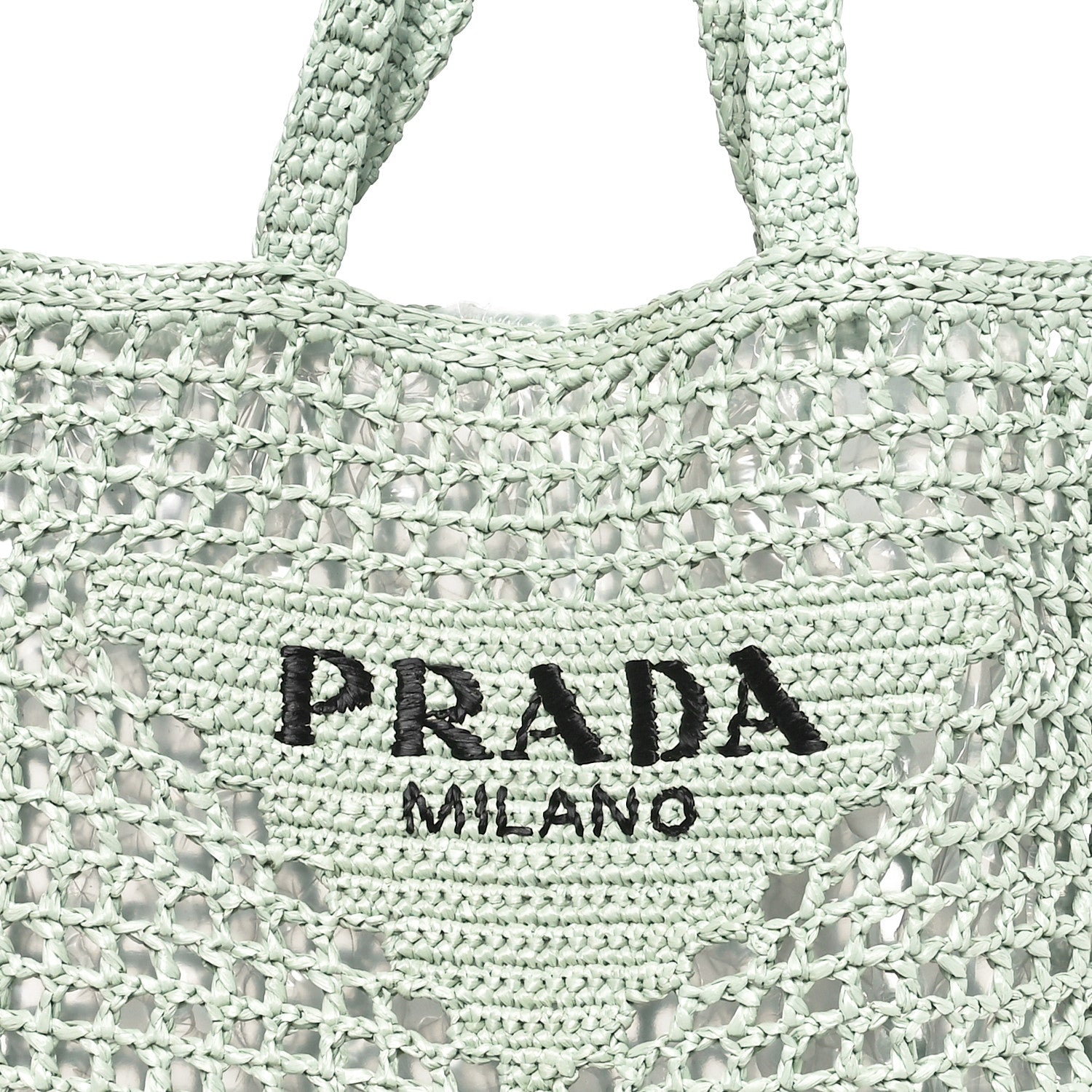 Prada Yarn Raffia Effect Crochet Logo Embroidered Tote Bag Acqua 6 of 8