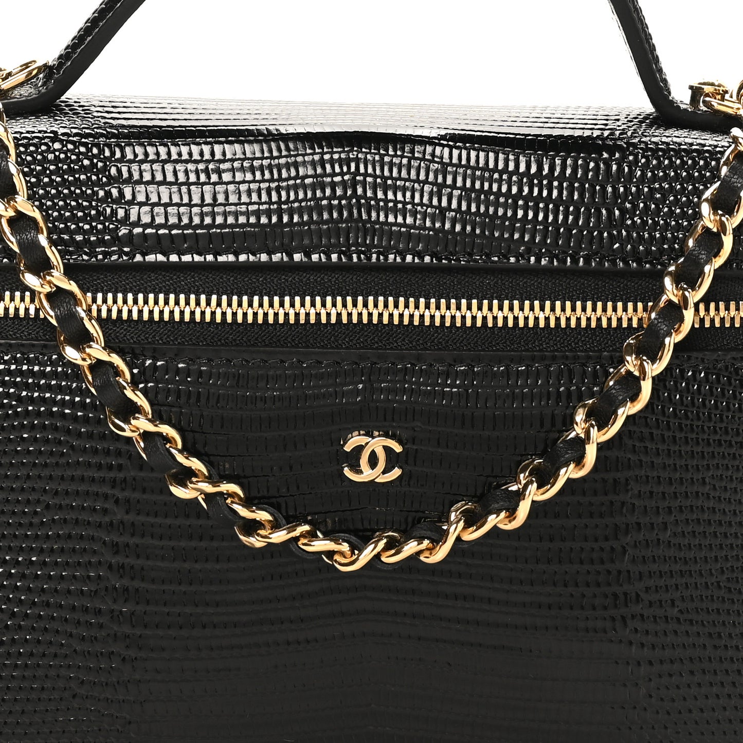 Lizard Embossed Calfskin Top Handle Slim Vanity With Chain Black