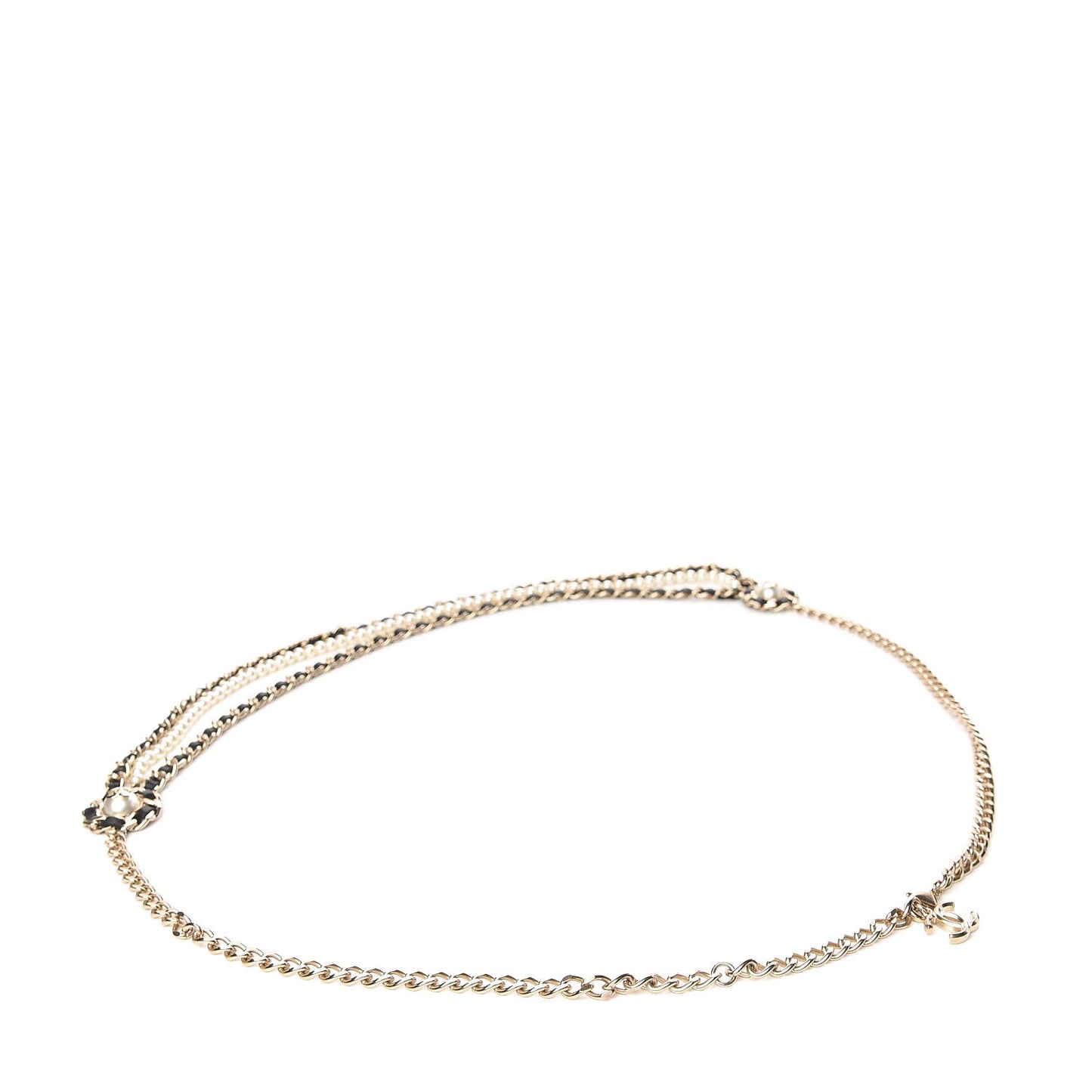 Lambskin Pearl Chain Camellia Fancy Belt 80 Black Gold
