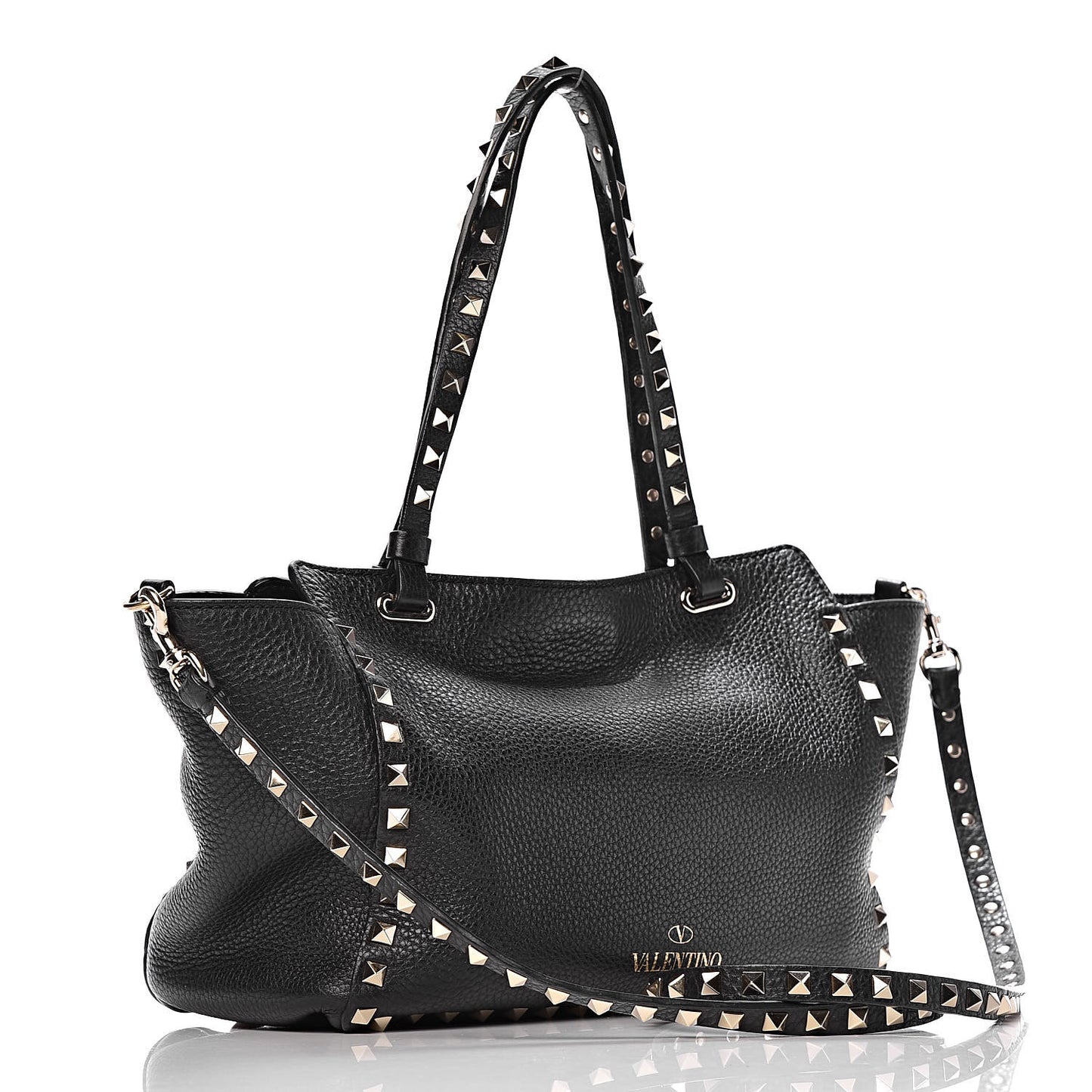 Grained Calfskin Small Rockstud Tote Black