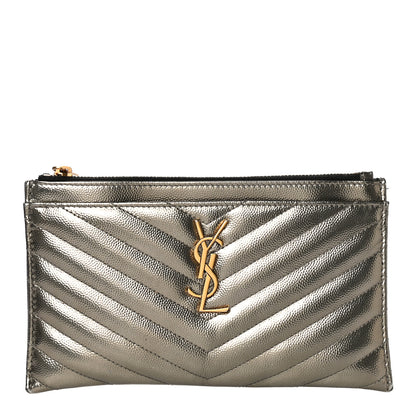 Saint Laurent Metallic Grain De Poudre Matelasse Chevron Monogram Bill Pouch Piombo 1 of 17