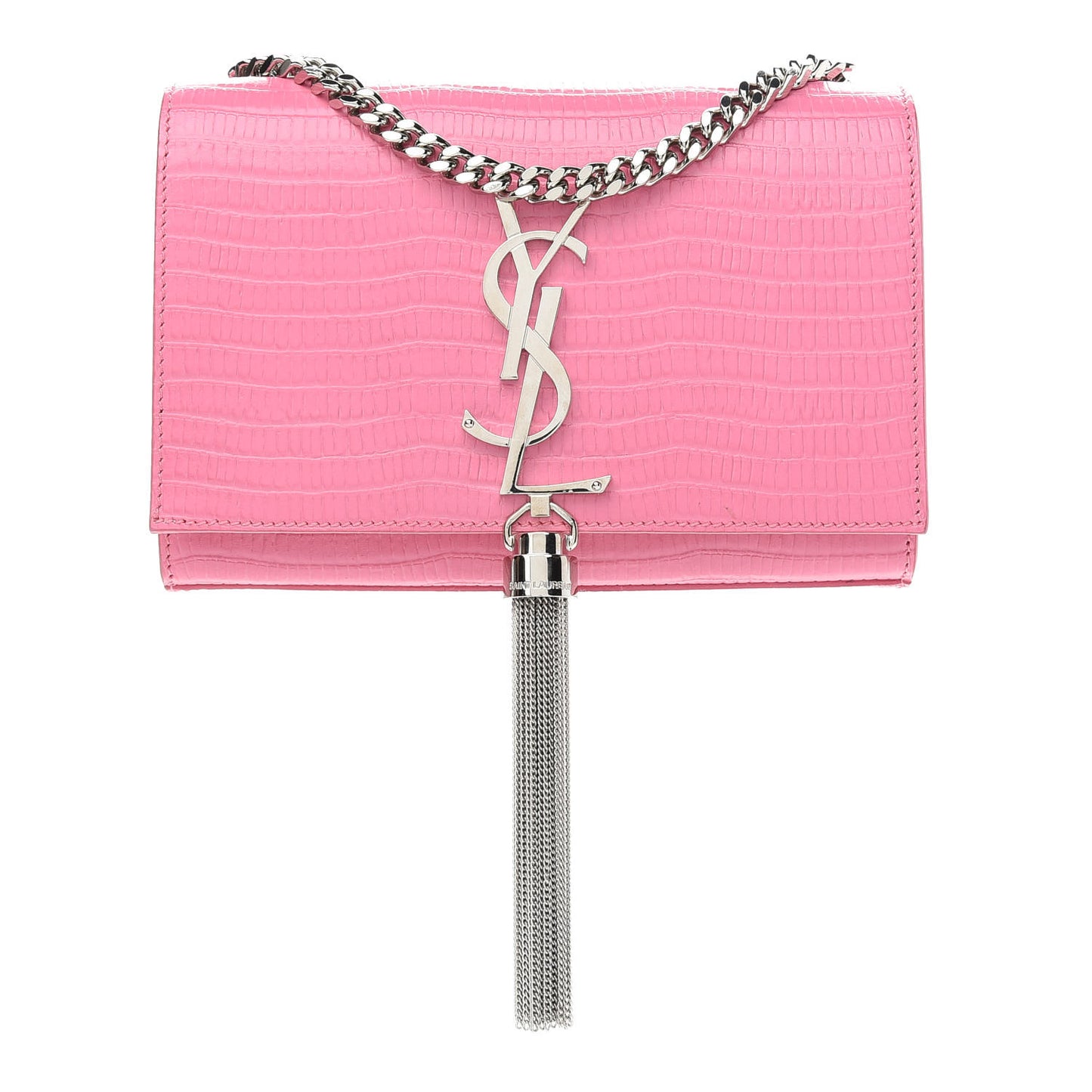 Calfskin Crocodile Embossed Small Classic Monogram Kate Tassel Satchel Bubblegum