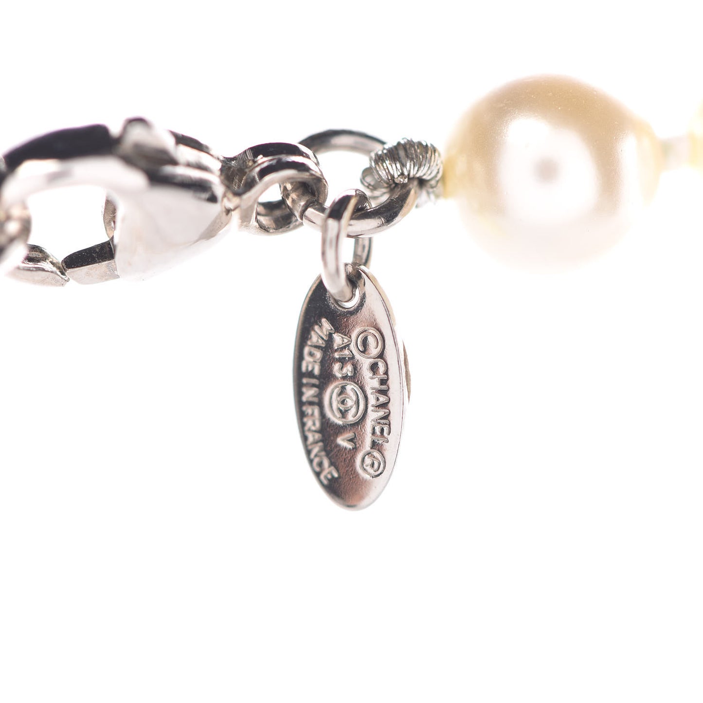 Graduated Pearl CC Long Necklace Silver