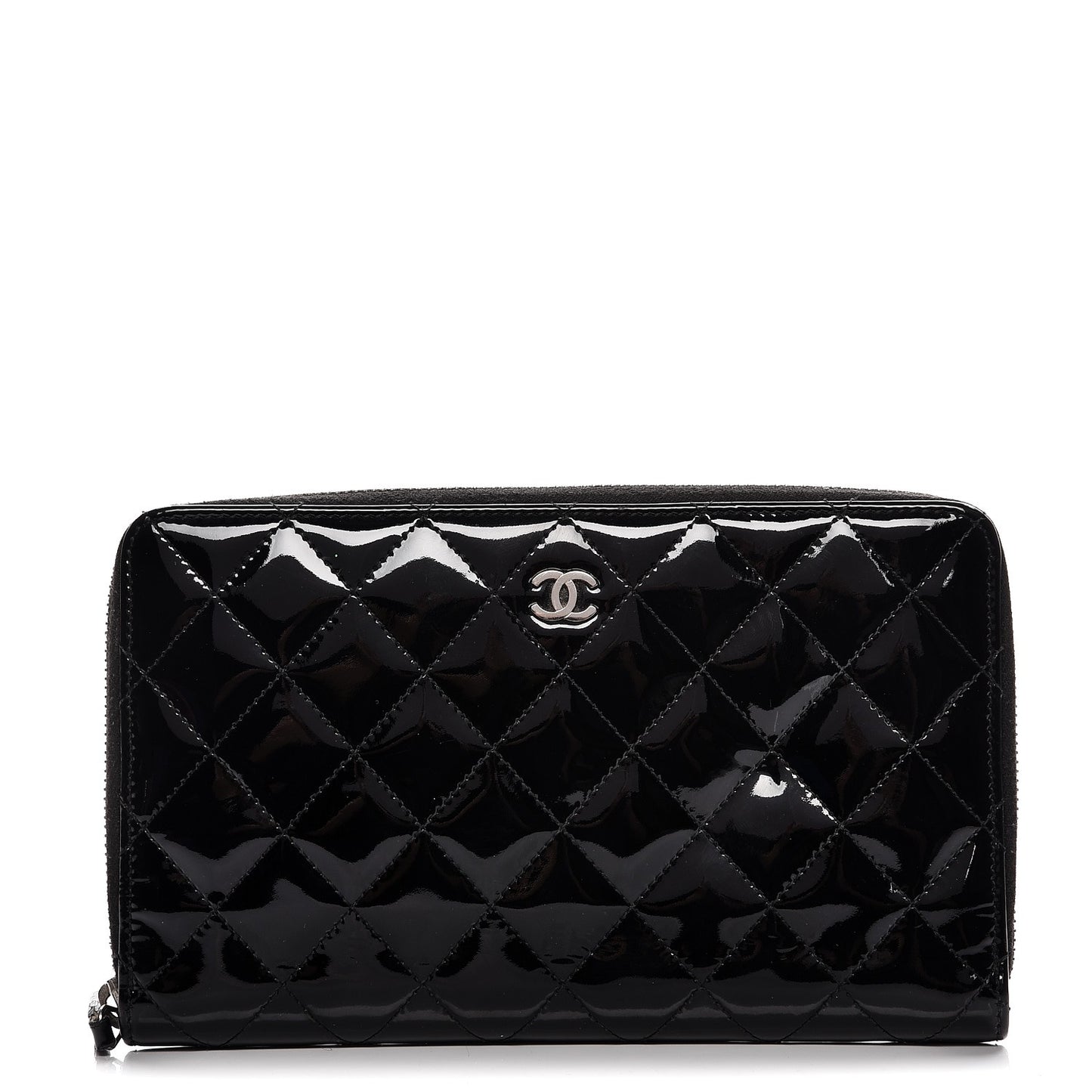 Patent Quilted Large Zip Around Organizer Wallet Black