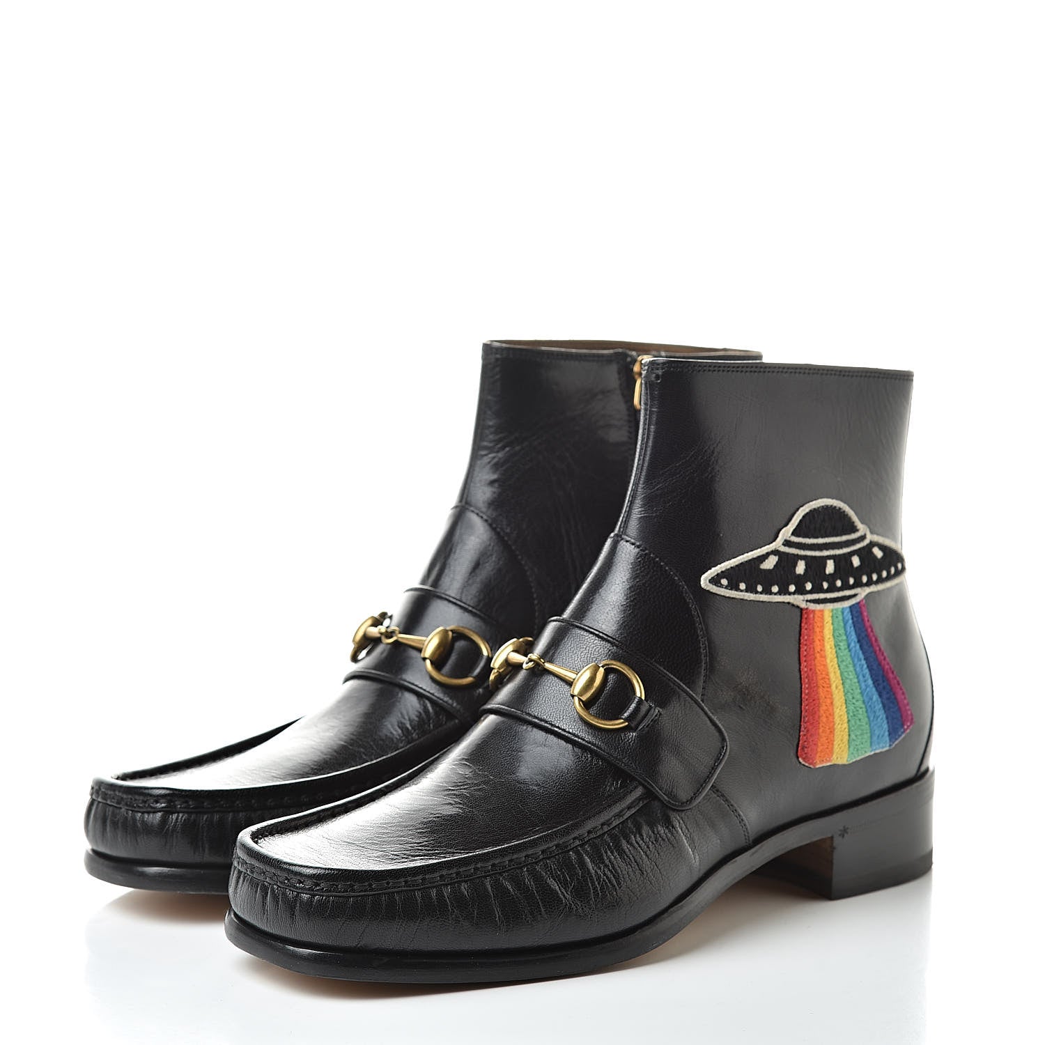 Gucci Goatskin UFO Embroidered Mens Horsebit Ankle Boots 8 Black 3 of 9