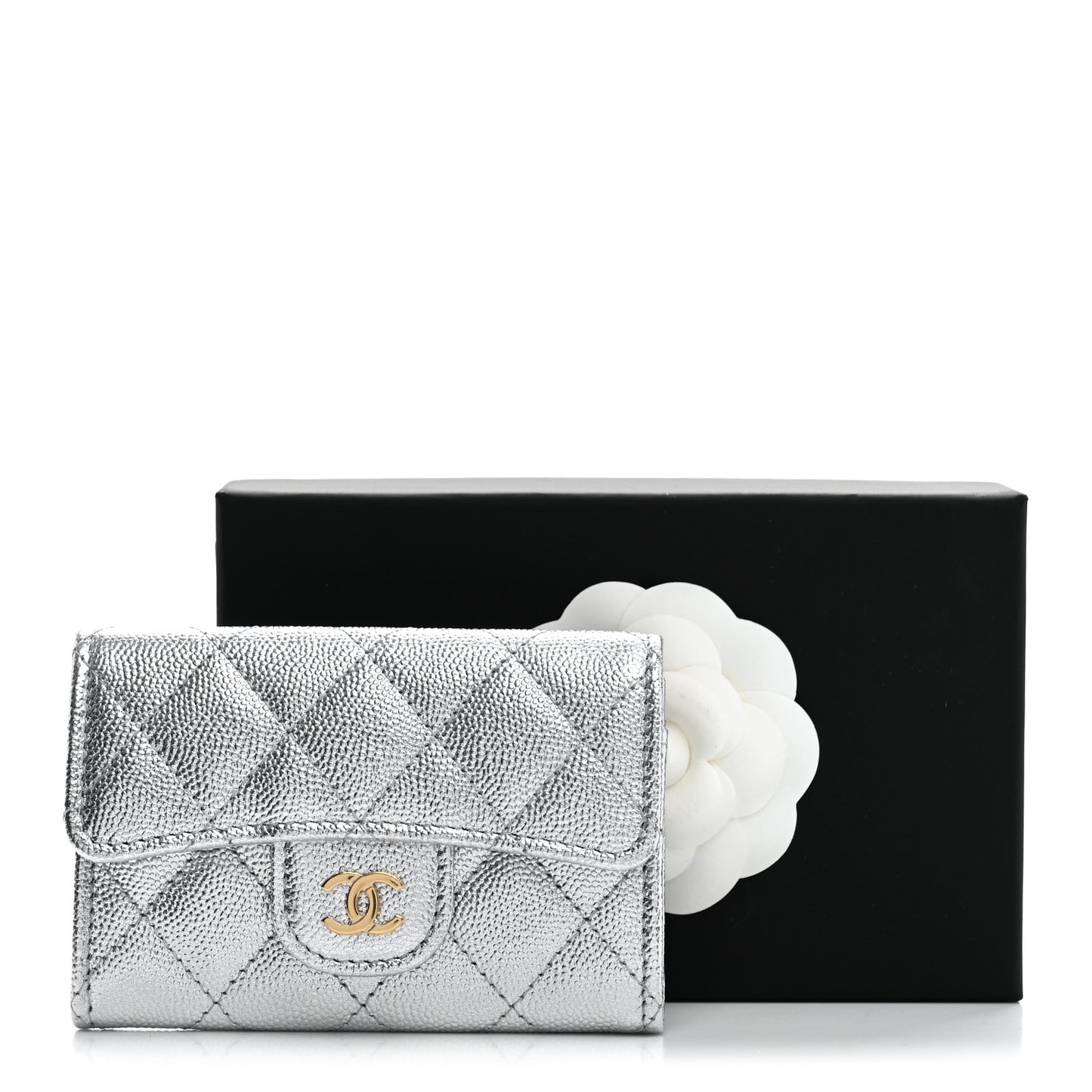 Metallic Caviar Quilted Flap Card Holder Wallet Silvery