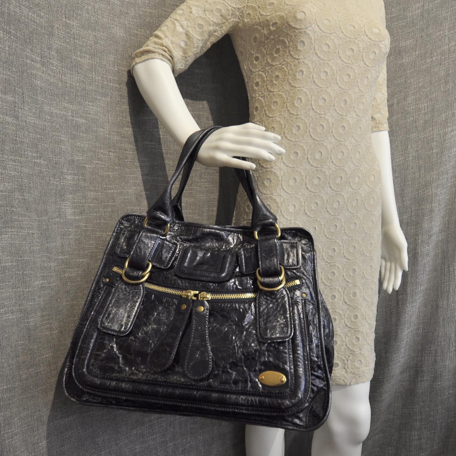 Chloe Leather Large Bay Tote Metallic Navy 2 of 10